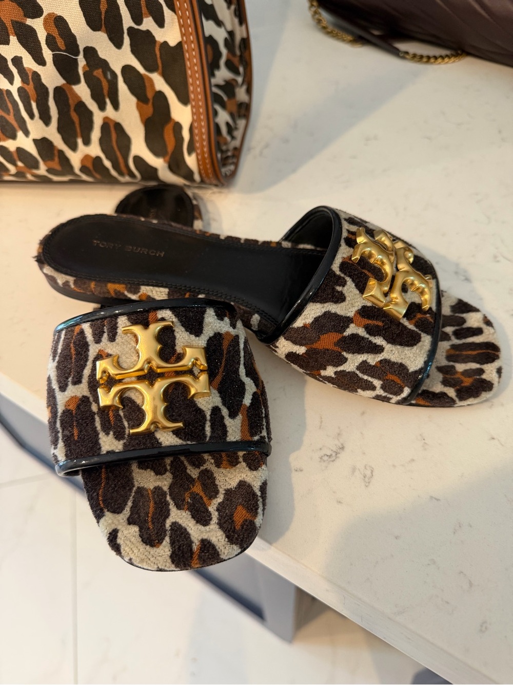 Tory Burch Leopard Print Slide Mules with Gold Logo